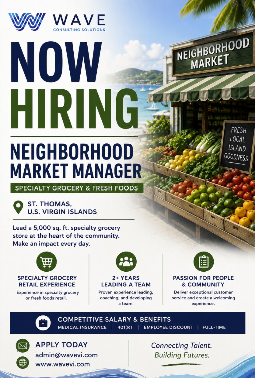 Wave Consulting Solutions flyer: Now hiring a Neighborhood Market Manager in St. Thomas