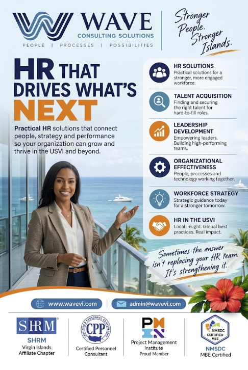 Wave Consulting Solutions flyer: HR that drives what's next, covering HR solutions, talent acquisition, leadership development, organizational effectiveness, workforce strategy, and HR in the USVI, with SHRM, CPP, Project Management Institute, and NMSDC affiliations