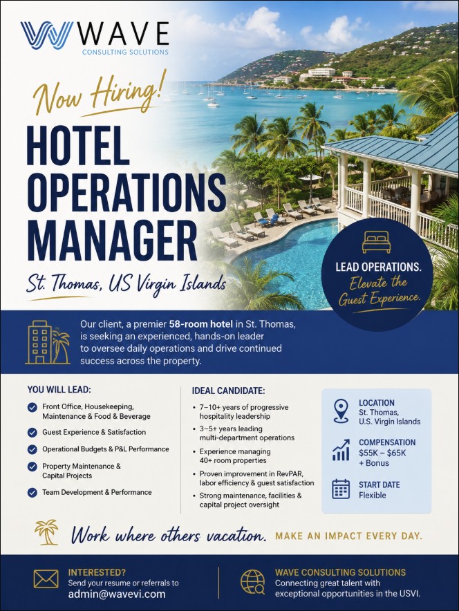 Wave Consulting Solutions flyer: Now hiring a Hotel Operations Manager in St. Thomas